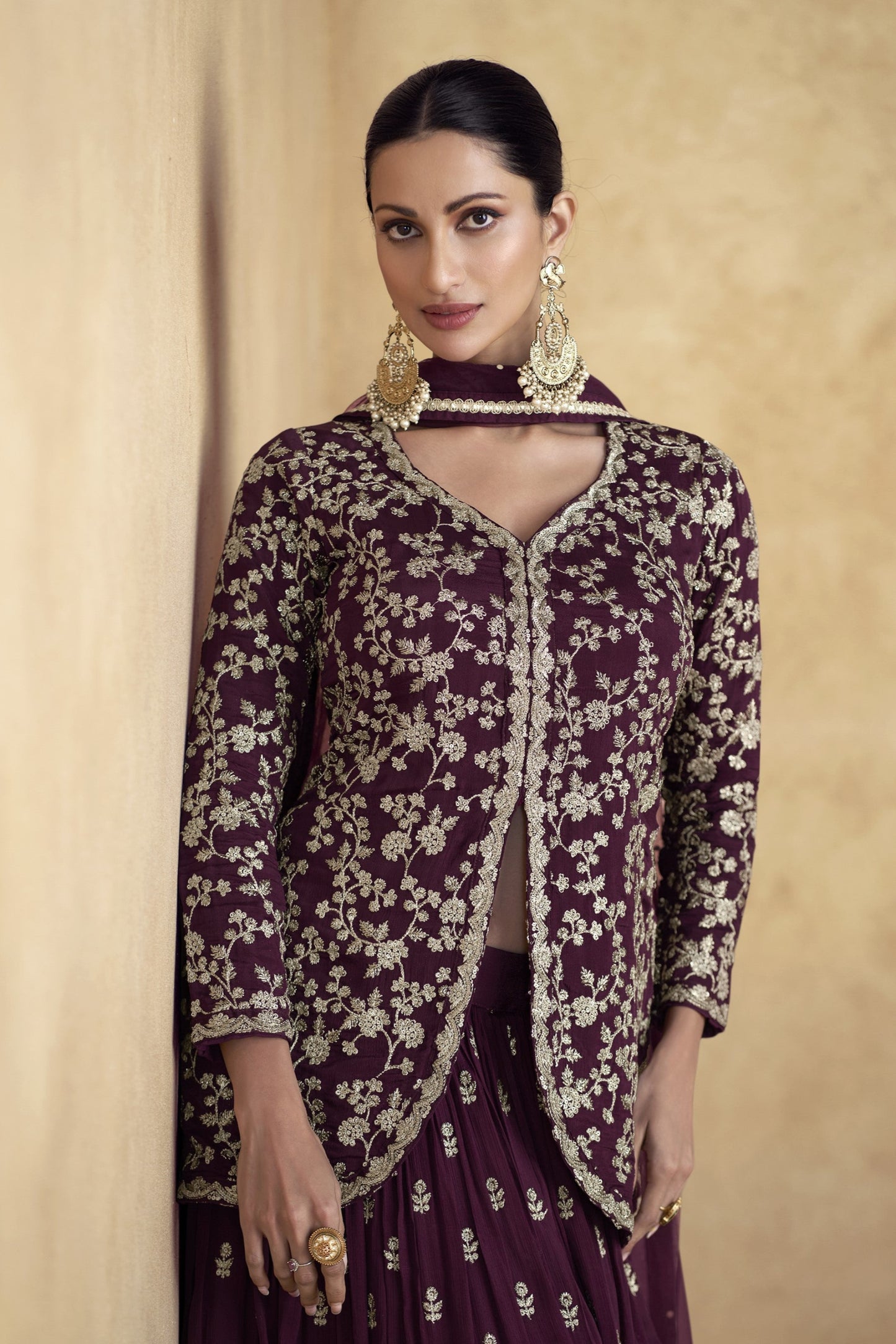 Bridal Anarkali Dress Beautiful Embroidery Worked Wine Long Gown Dupatta Suit