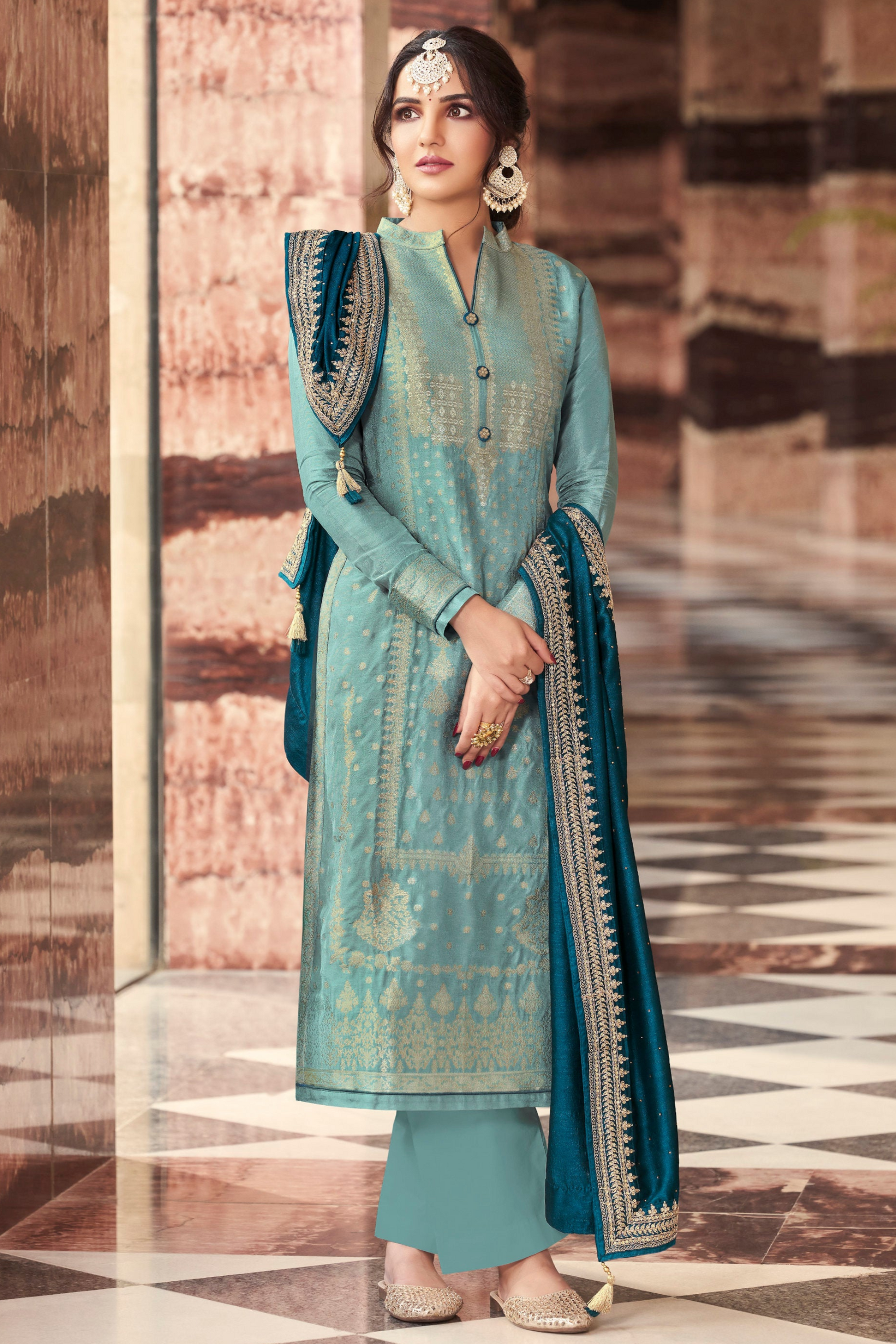 Sky Blue Viscose Dola Silk Salwar Kameez - Side Angle - Ethnic Wear for Weddings and Occasions