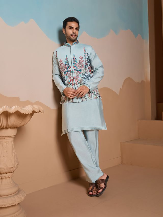 Trendy Sky Blue Designer Silk Kurta For Men, Ideal For Elegant Event Looks