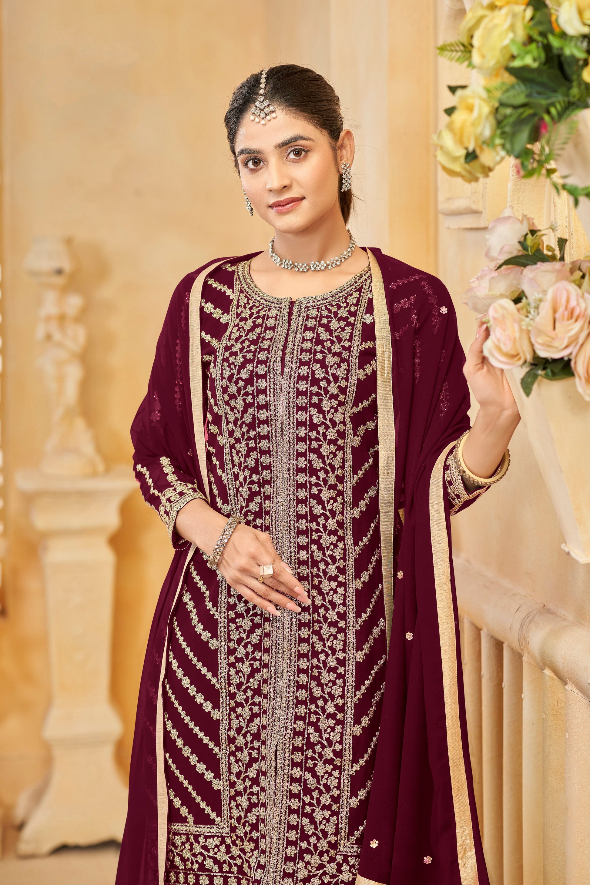 Designer Sharara Kameez Suit Burgundy Red Faux Georgette Embroidery Work Ready To Wear Ethnic Outfit
