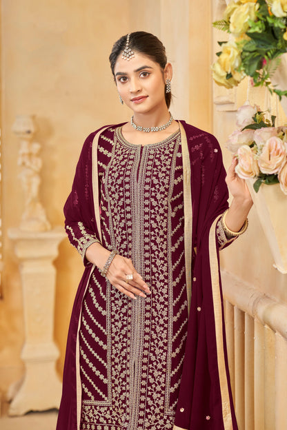 Designer Sharara Kameez Suit Burgundy Red Faux Georgette Embroidery Work Ready To Wear Ethnic Outfit