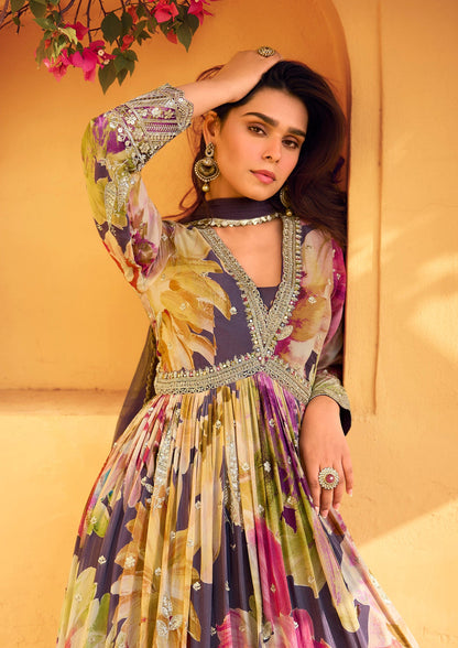 Premium Brown Anarkali Gown Chinon & Silk With Dupatta For Eid & Diwali 