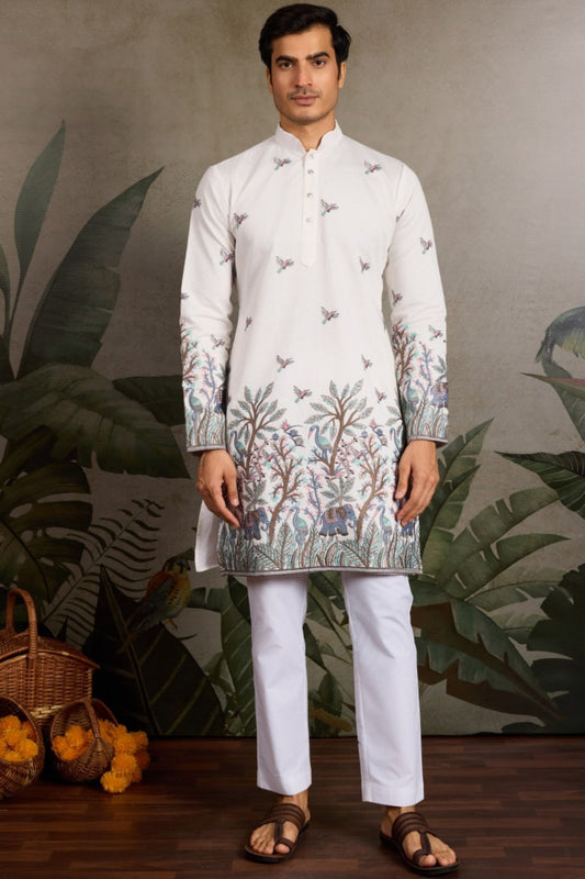 Elegant White Viscose Silk Kurta with Golden Embroidery Work For Men - Front View