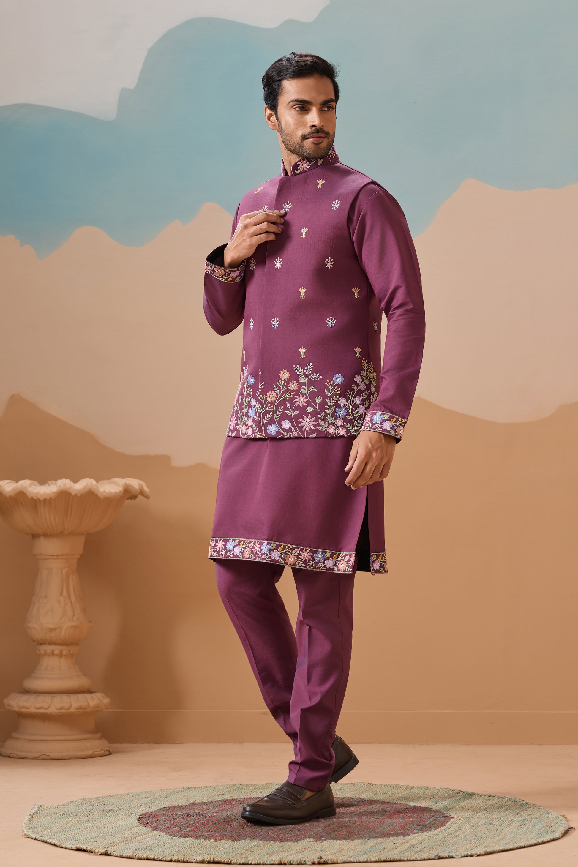 ''Pink Viscose Silk Kurta Set With Multi Thread Embroidery Detail For Weddings"