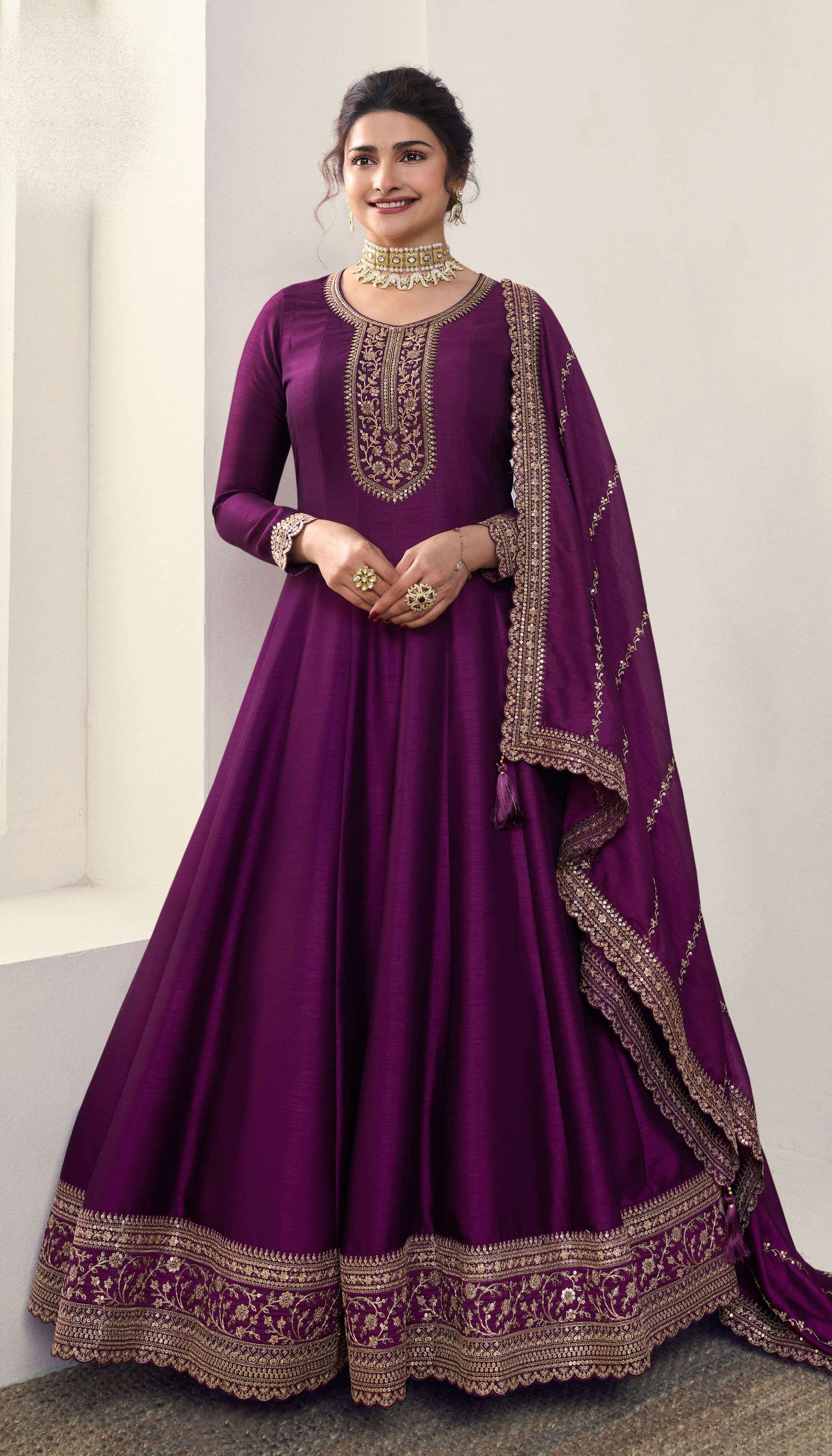 Wine Anarkali Suit Embroidered Silk Georgette With Dupatta For Parties