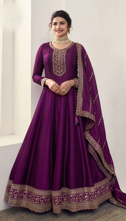 Wine Anarkali Suit Embroidered Silk Georgette With Dupatta For Parties