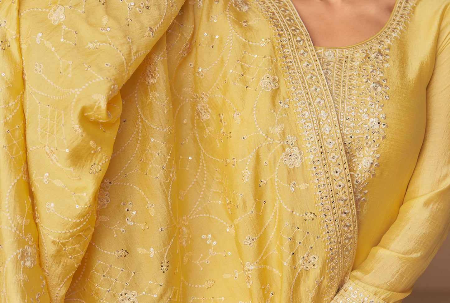  Light Yellow Premium Silk Embroidered Salwar Suit With Straight Pattern For Indian 
