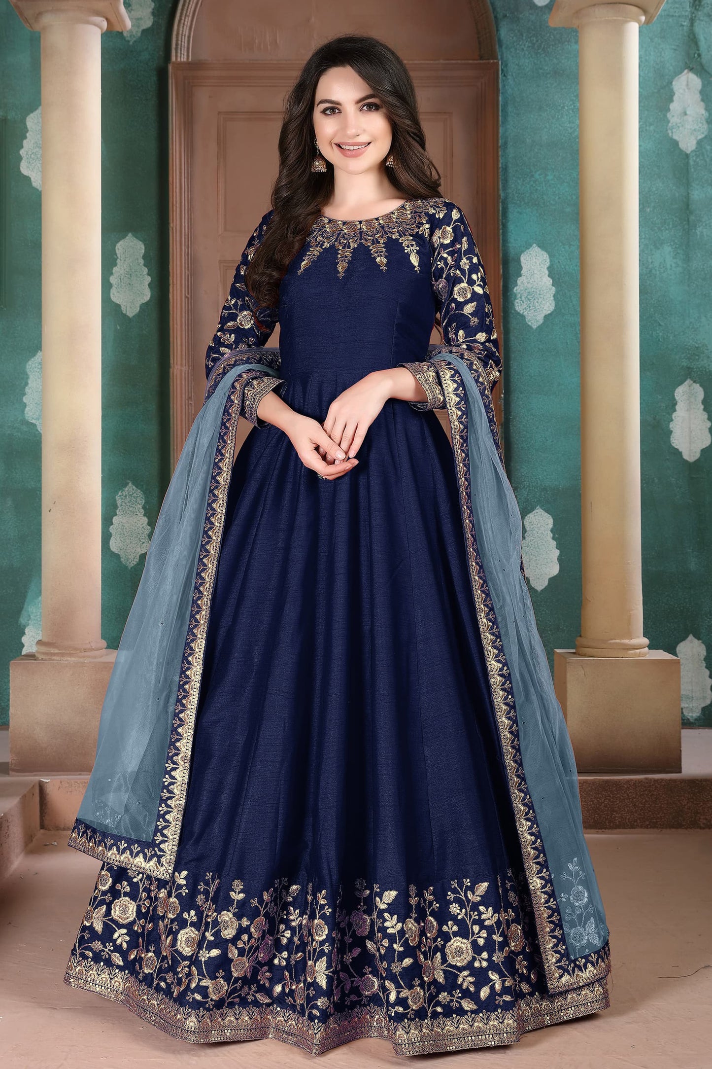 Ready To Wear Reception Party Wear Long Anarkali Gown Silk Suits With Net Suit