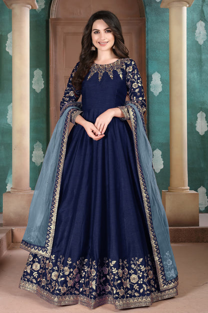 Ready To Wear Reception Party Wear Long Anarkali Gown Silk Suits With Net Suit