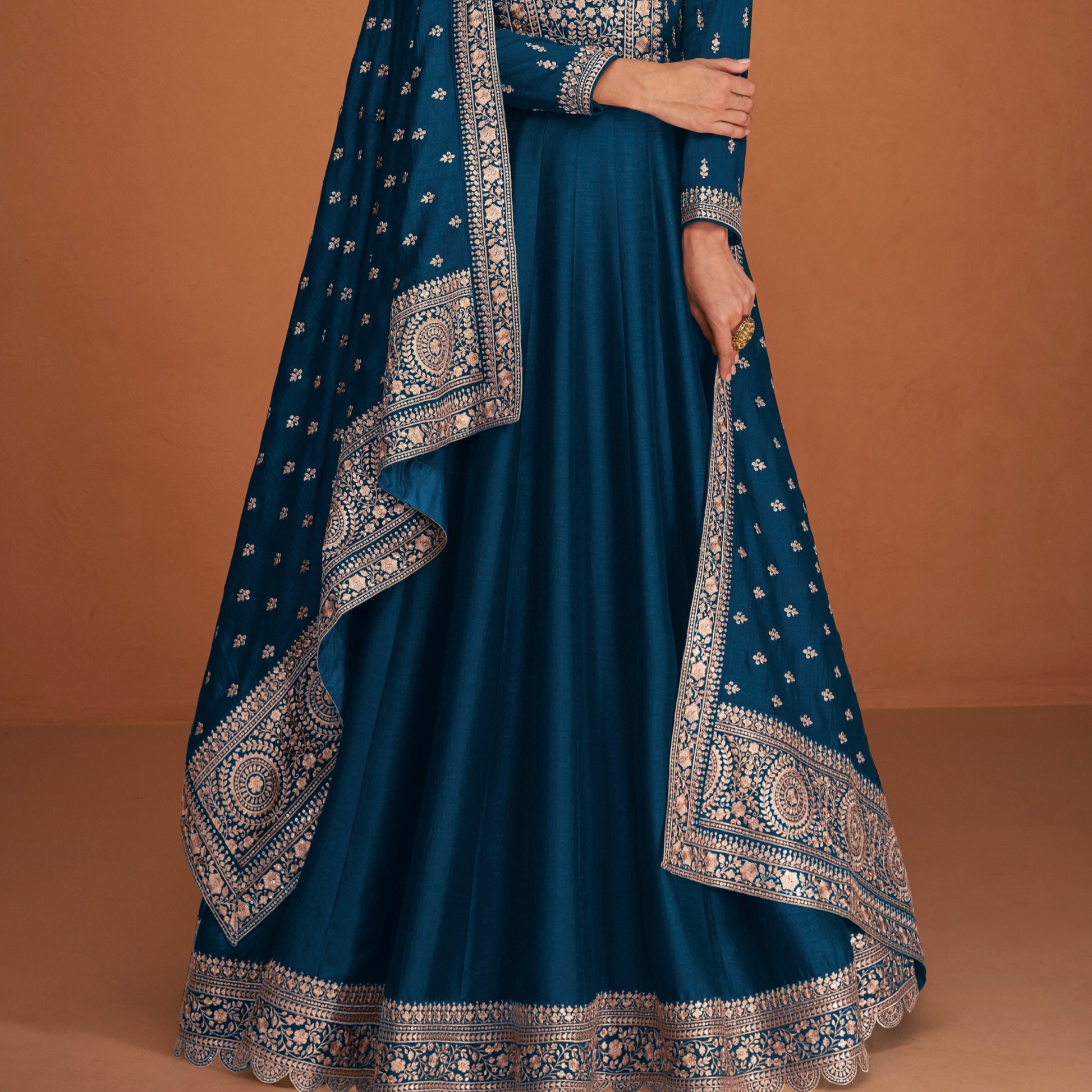 Premium Indian Silk Embroidered Blue Beautiful Anarkali Gown Suits for Reception 