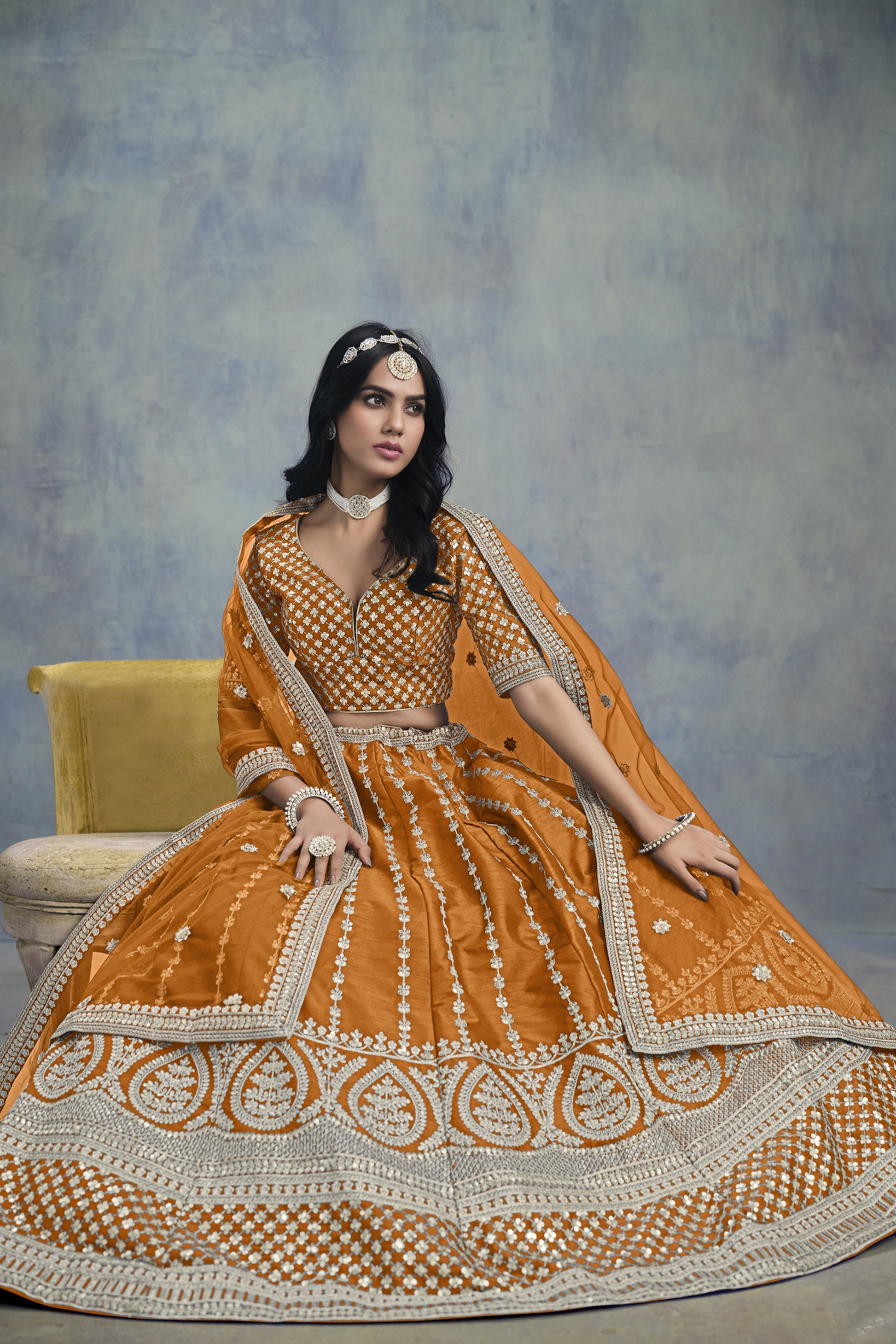 Premium Mustard Designer Art Silk Net Fabric Embroidered Lehenga Choli
