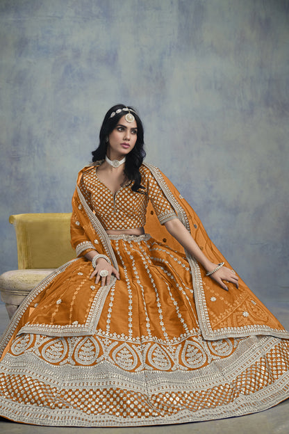 Premium Mustard Designer Art Silk Net Fabric Embroidered Lehenga Choli
