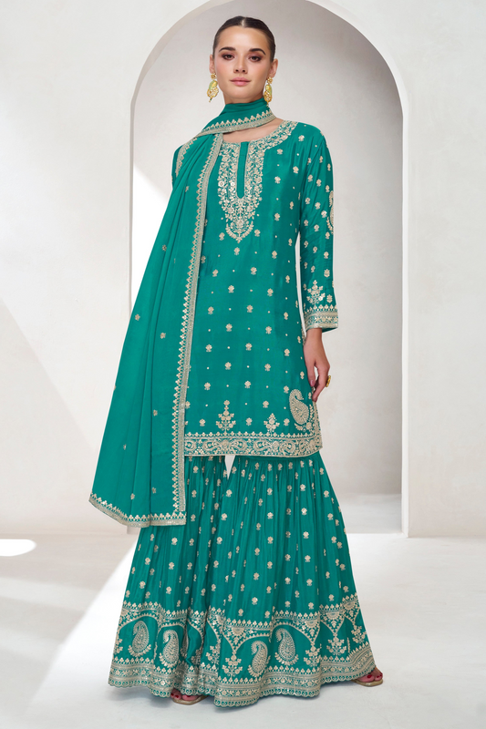 Teal Blue Chinon Silk Sharara Suit With Embroidery Work - Designer Indian Wedding Outfit USA Ready To Wear"