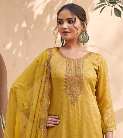 Indian Designer Jacquard Fabric Salwar Suit with elegant detailing for Haldi wear.