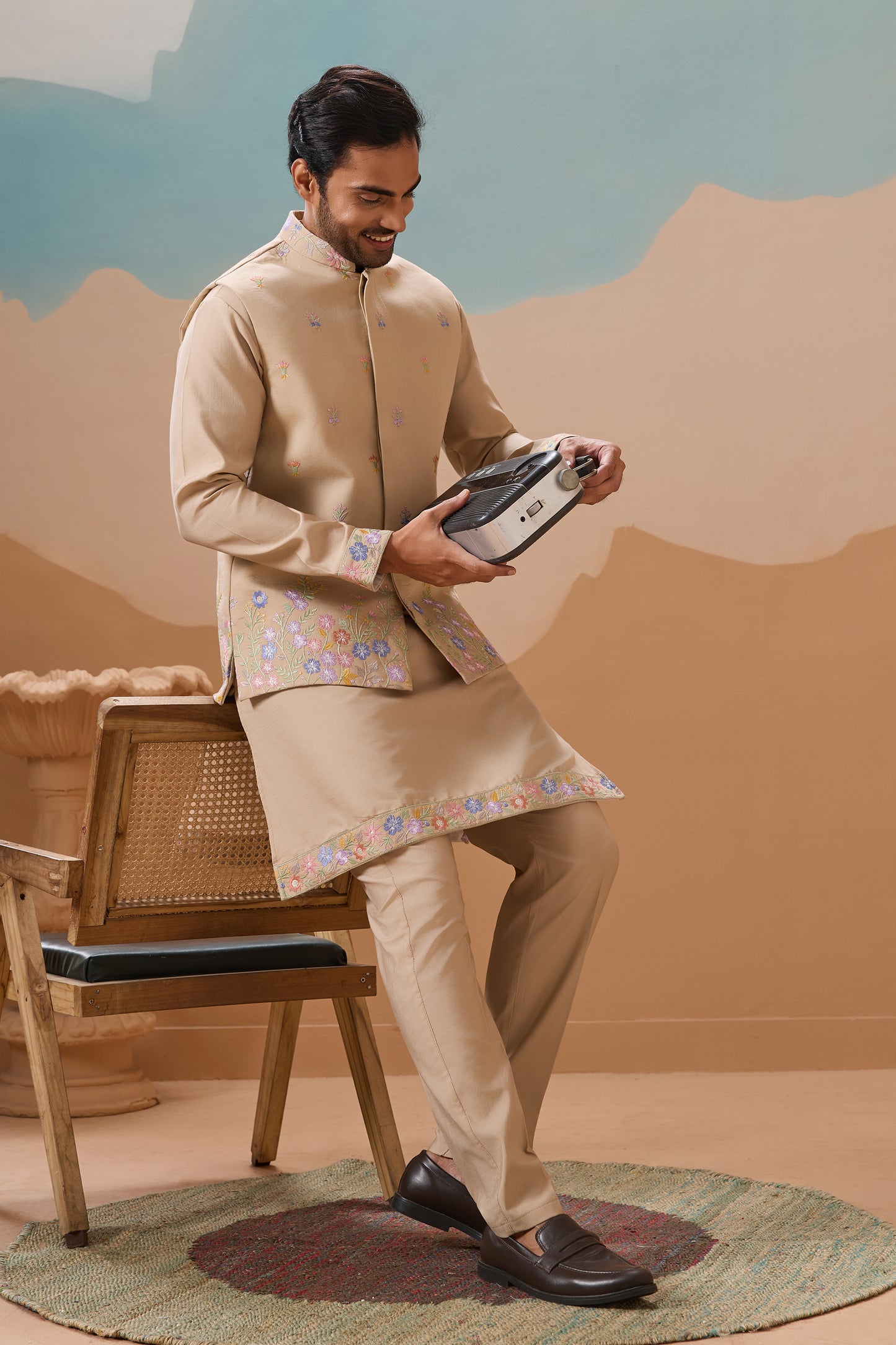 Man In Traditional Beige Kurta With Floral Patterns Kurta For USA 

