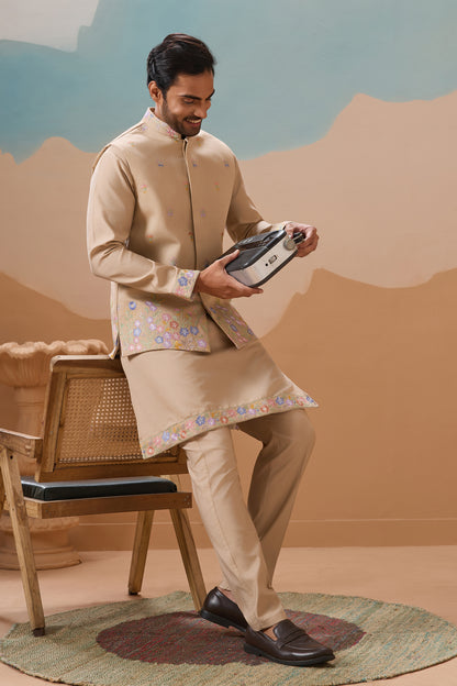 Man In Traditional Beige Kurta With Floral Patterns Kurta For USA 


