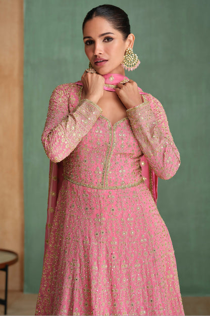 Designer Pink Anarkali Dress With Heavy Embroidery Work For Festivals And Parties
