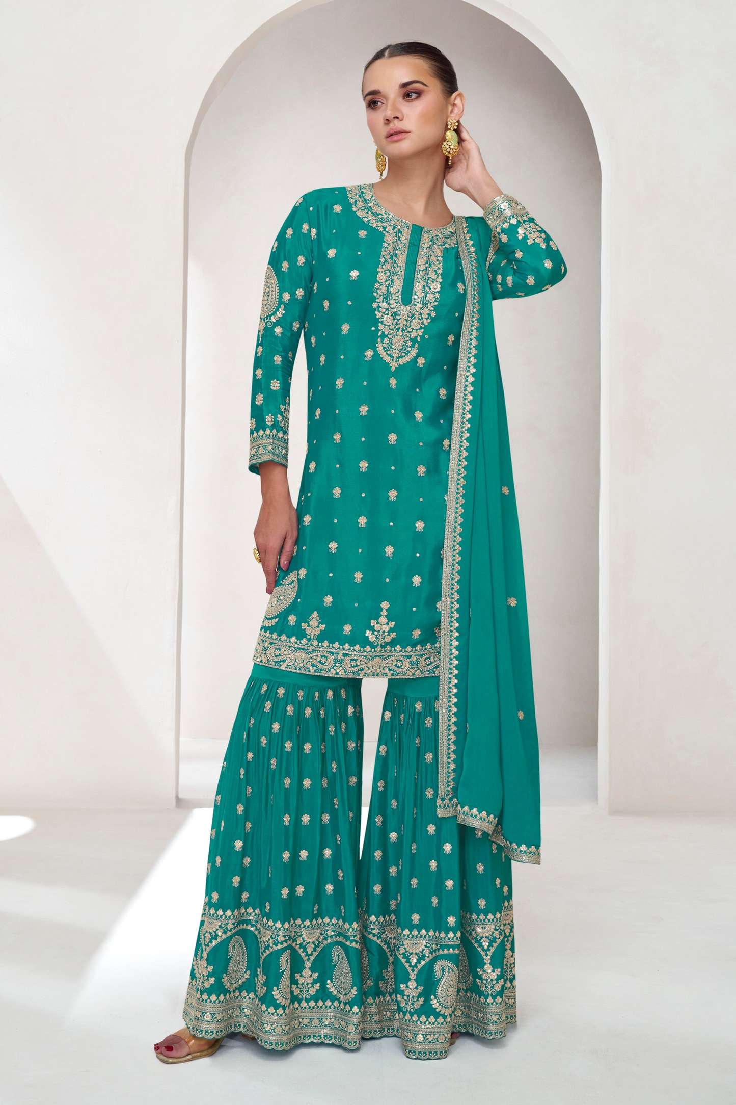 Plus Size Teal Sharara Suit Set Ready To Wear - Traditional Indian Ethnic Dress For Weddings USA Canada UK"