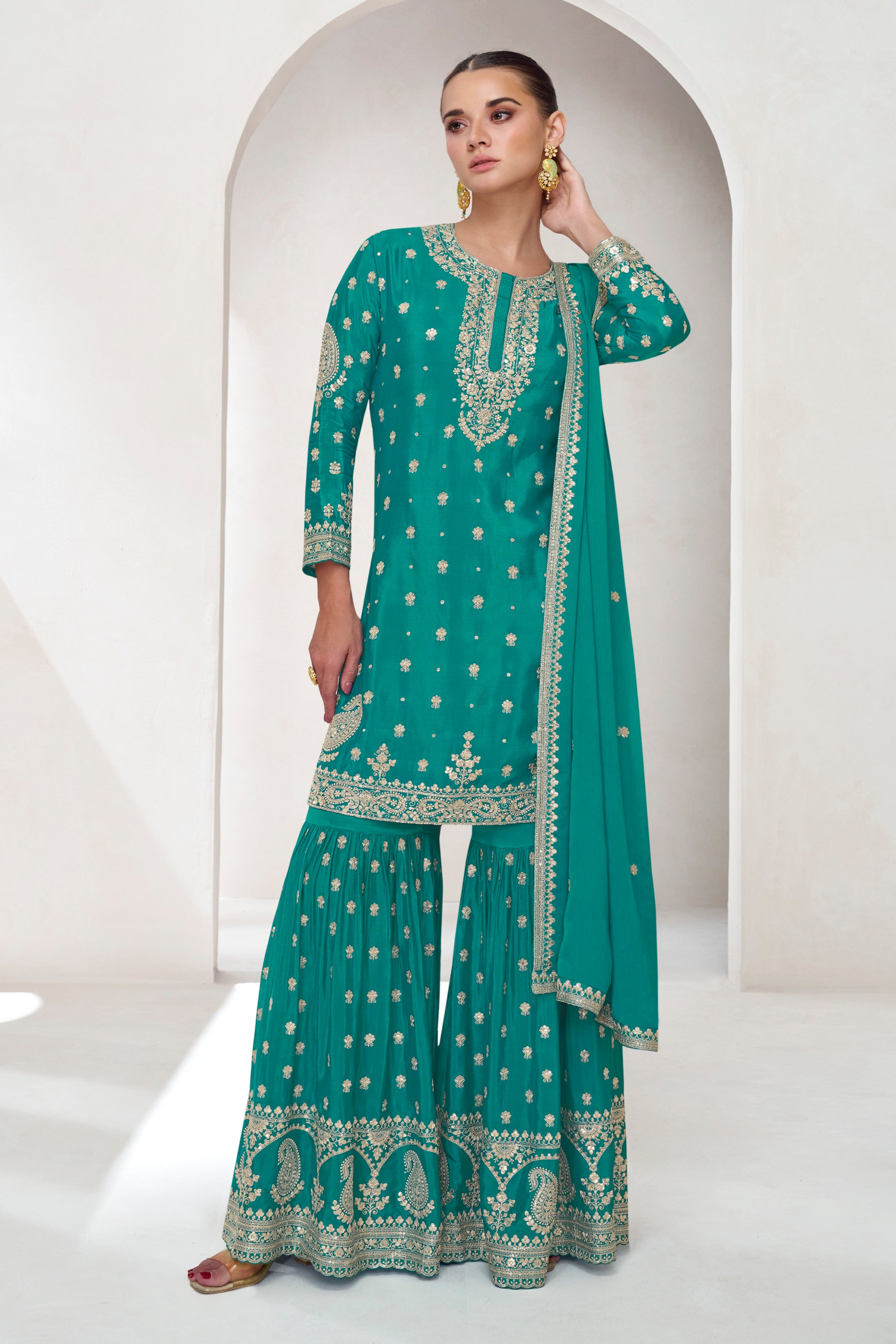 Plus Size Teal Sharara Suit Set Ready To Wear - Traditional Indian Ethnic Dress For Weddings USA Canada UK"