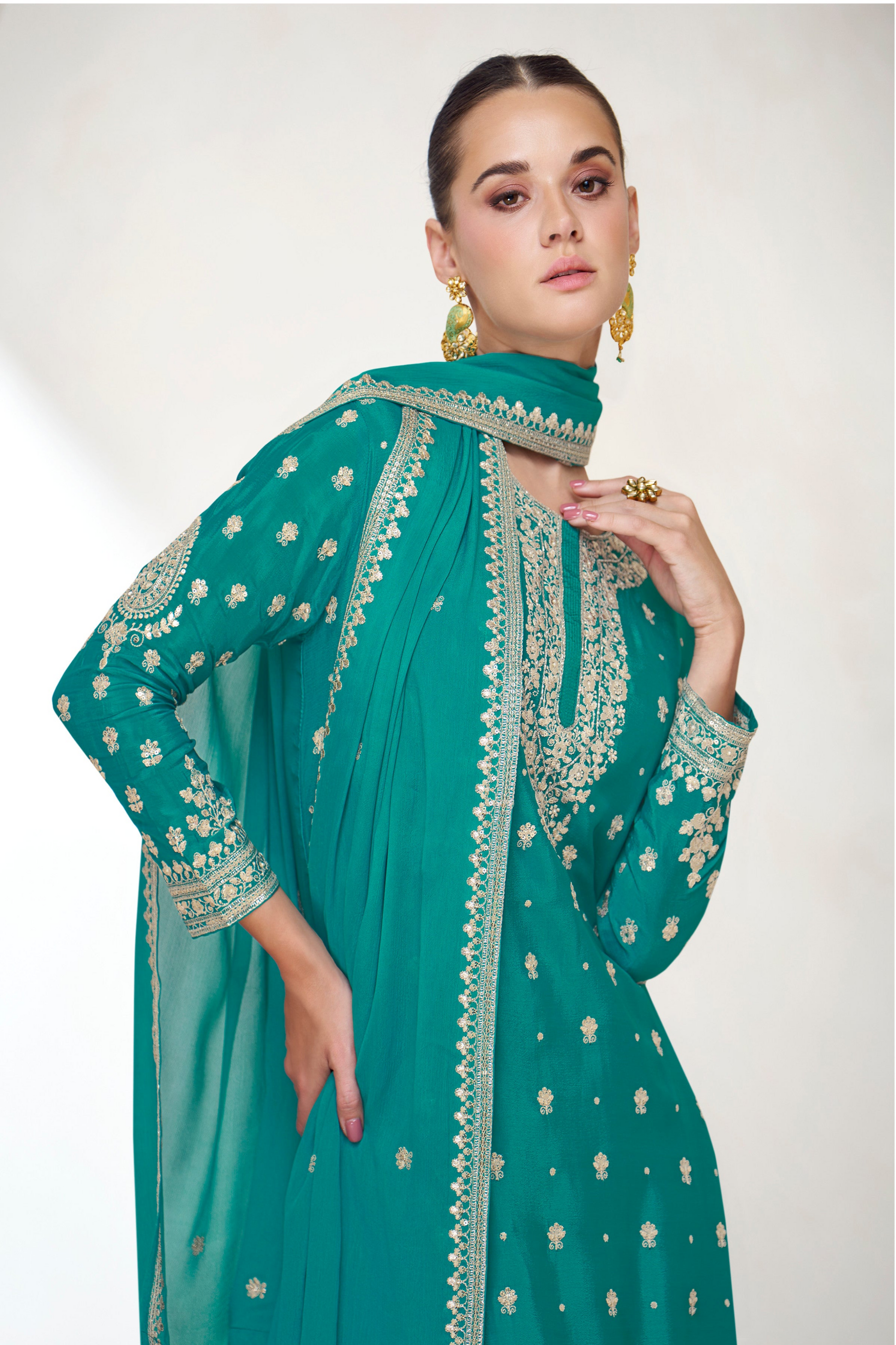 Designer Chinon Silk Sharara With Dupatta For Reception Party - Pakistani Indian Bridal Outfit USA Free Shipping"
