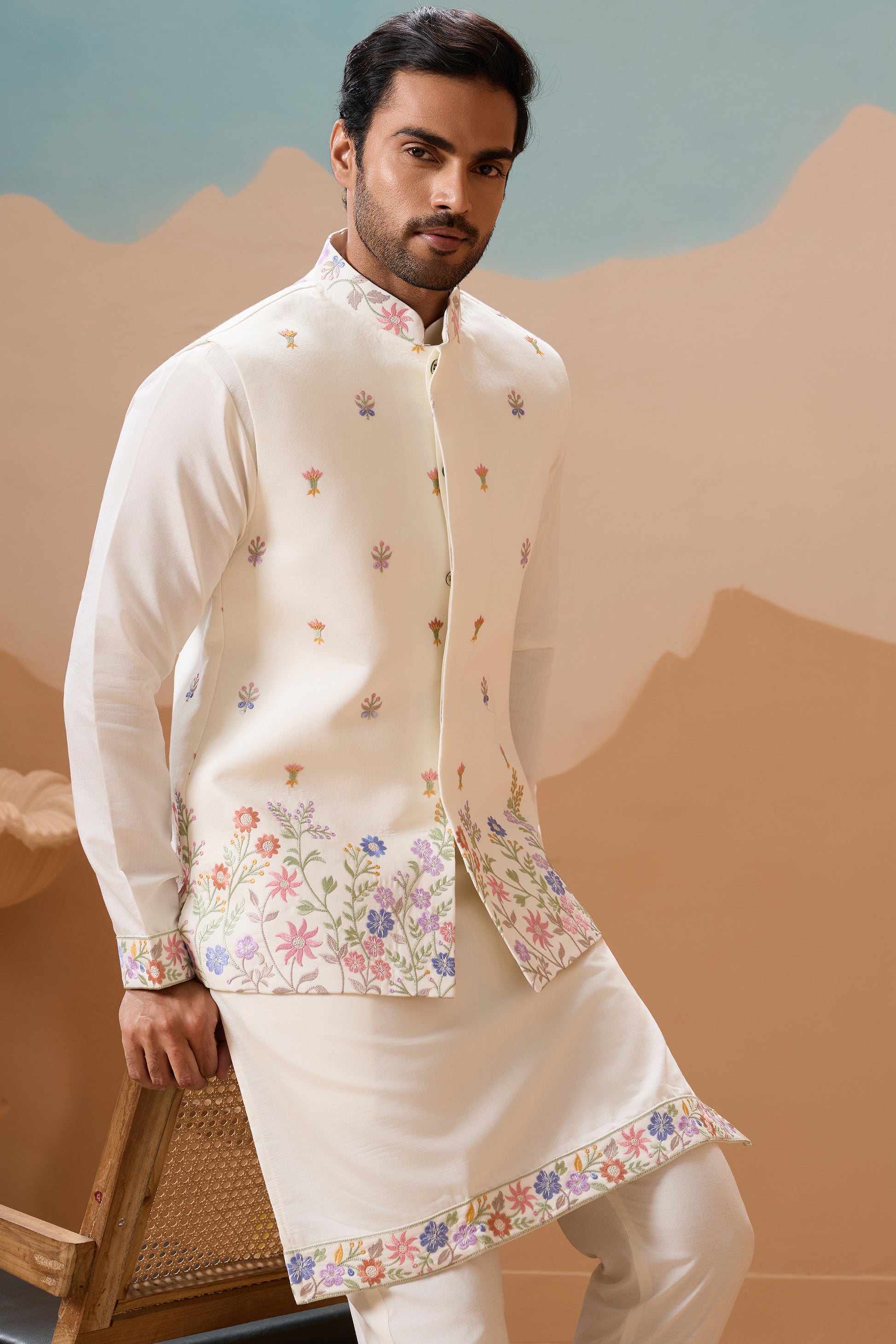 White Silk Kurta Jacket Set For Men - Traditional Festival Attire