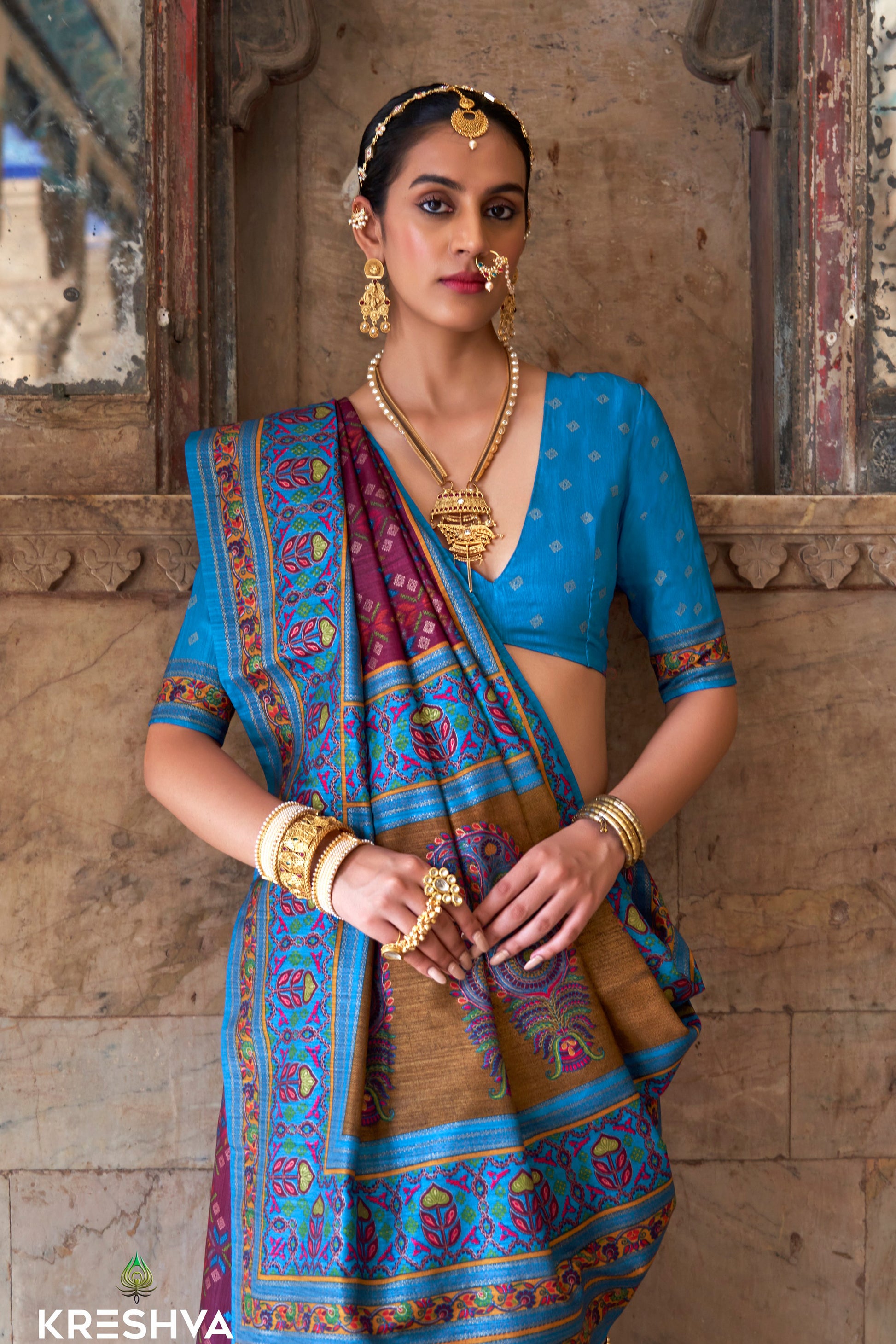 Close-Up Embroidery Detail On Wine Silk Saree With Luxury Print And Glory Finish - Festive Ethnic Wear USA