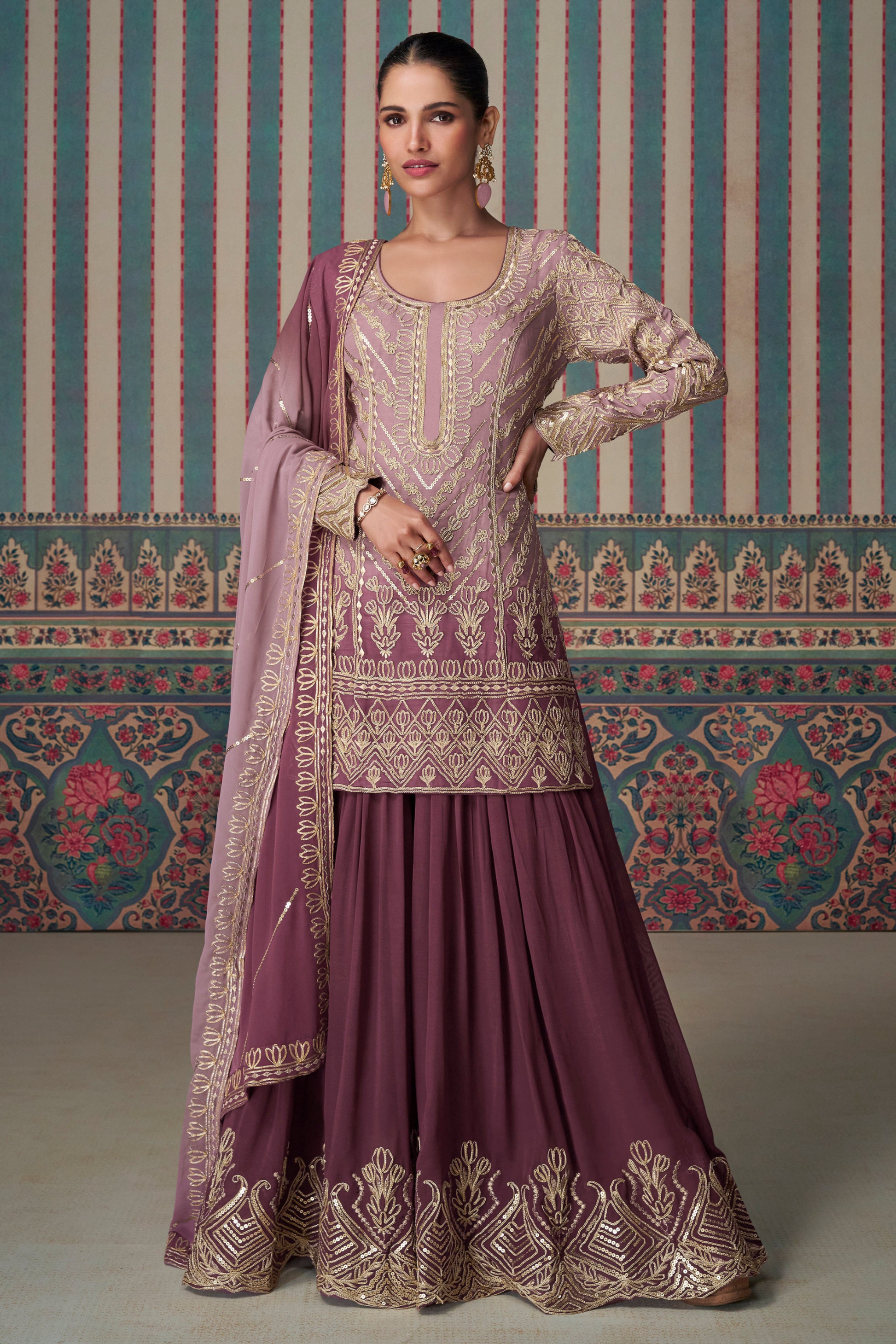 Wine Color Embroidered Sharara Suit For Indian Weddings USA - Seyuri Designer Ethnic Wear