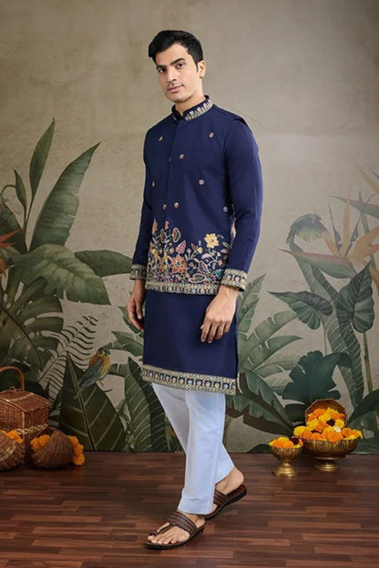 Exclusive Blue Color Viscose Silk Kurta Set For Man Real Mirror Work With Matching Pant