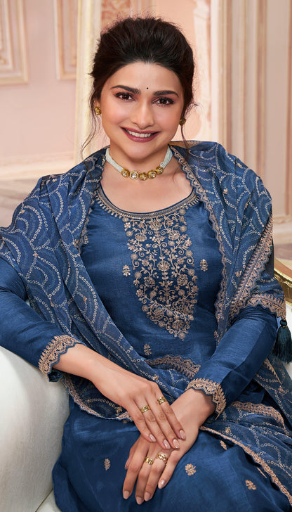 Stylish Blue Salwar Kameez Featuring Embroidery And Prints, Perfect For Evening Events And Celebrations.