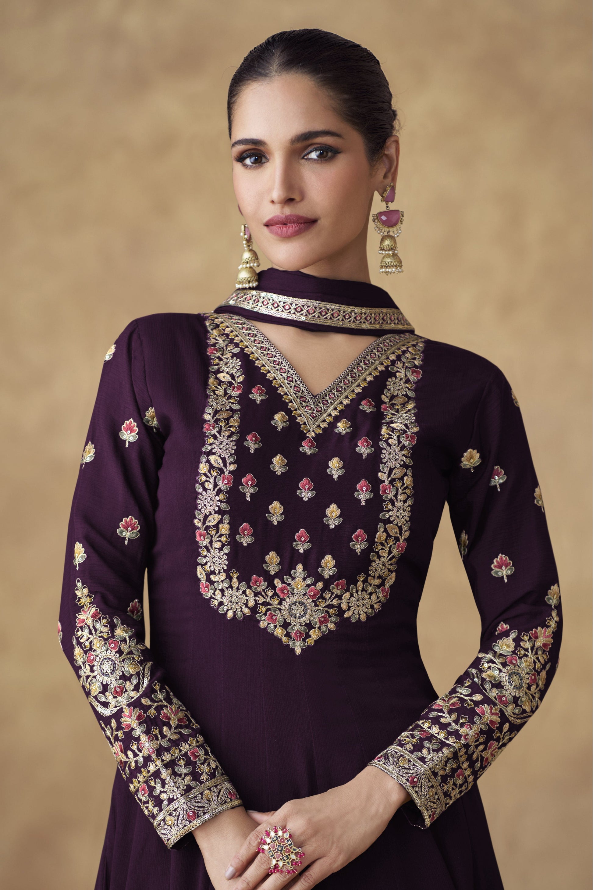 Pakistani Embroidered Anarkali Dress In Wine Color With Sequins Work