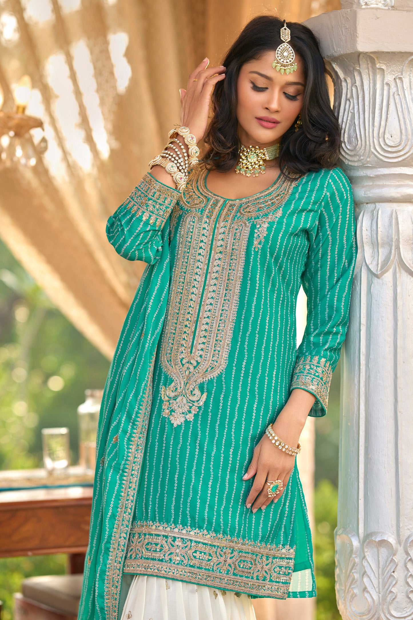 Ready To Wear Turquoise Blue Sharara Suit With Digital Print And Embroidery Work