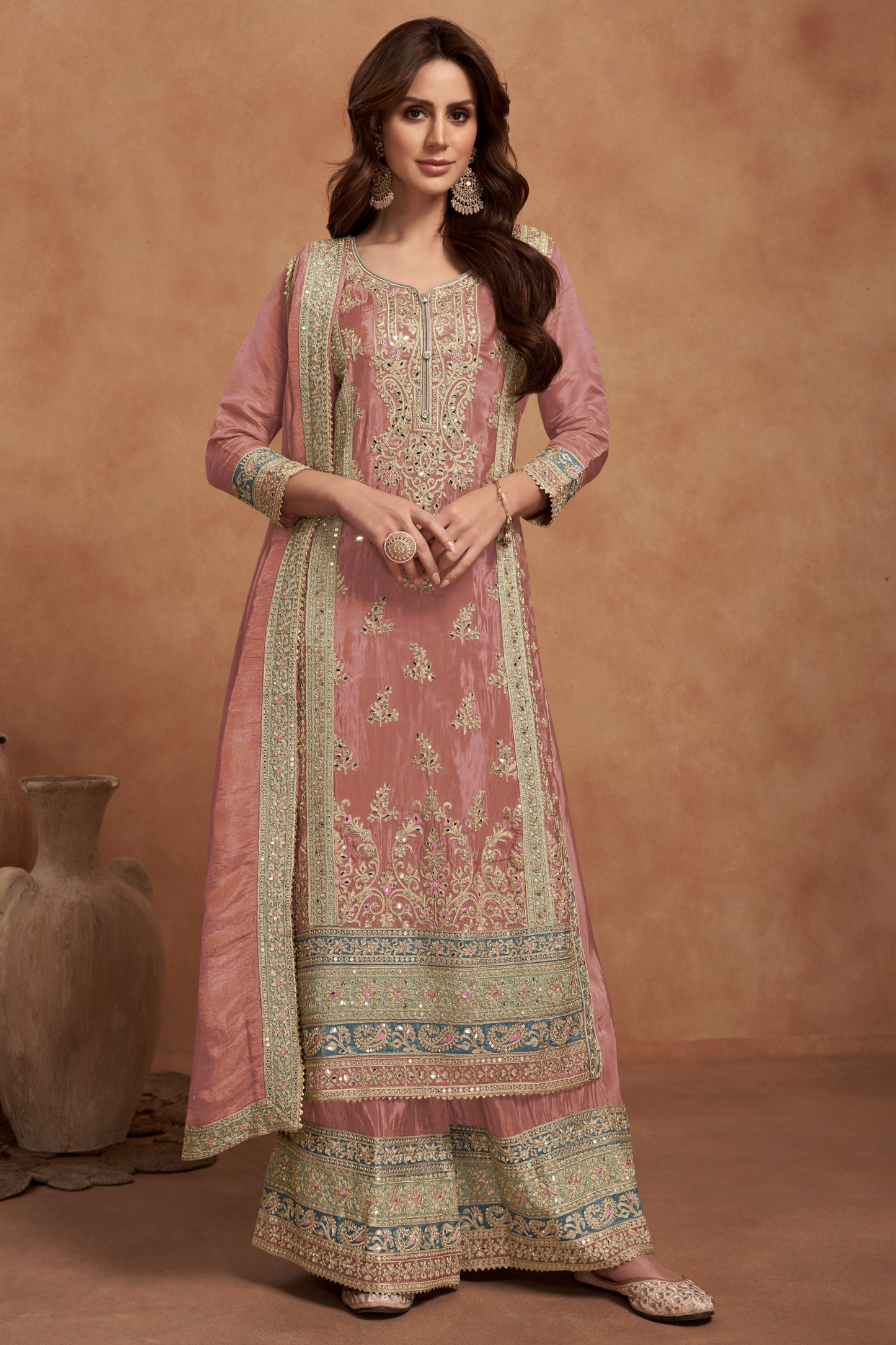 Readymade Ethnic Party Wear Salwar Kameez Palazzo Suit With Dupatta In Elegant Design For Women