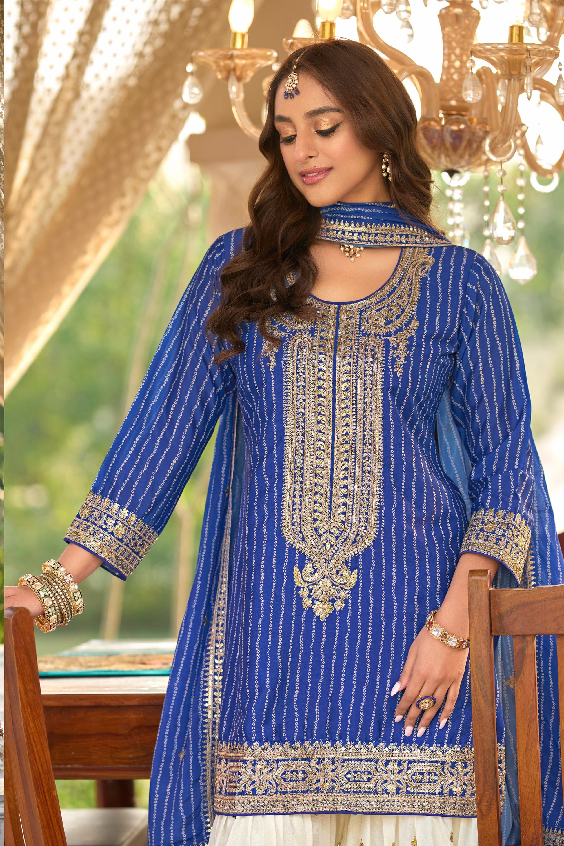 Designer Blue Digital Print Sharara Dress Chinon Silk Fabric Pattern Detail Pakistani Ethnic Wear USA Canada Shipping