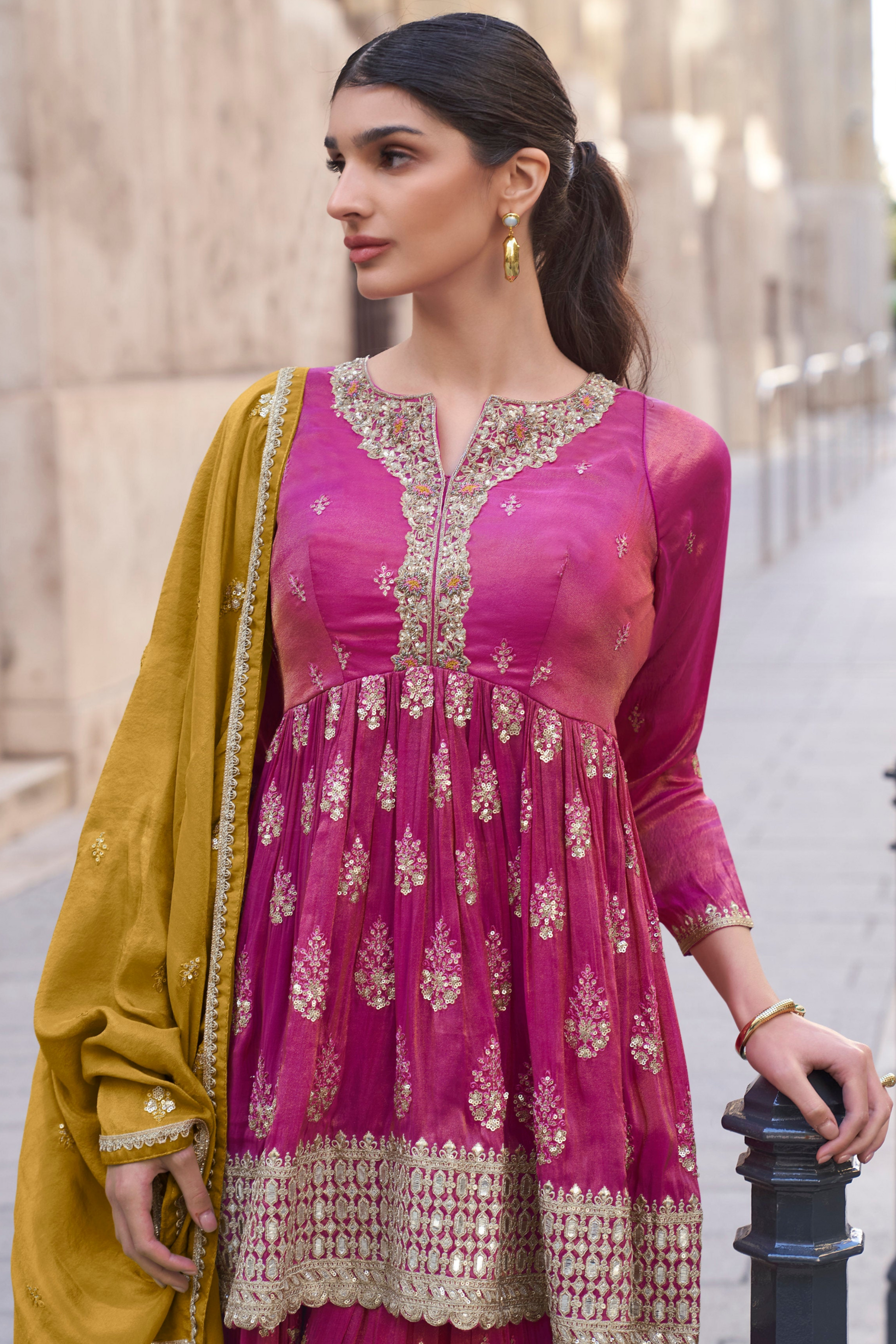 Pink Embroidered Chinon Silk Sharara Suit With Dupatta Wedding Wear USA
