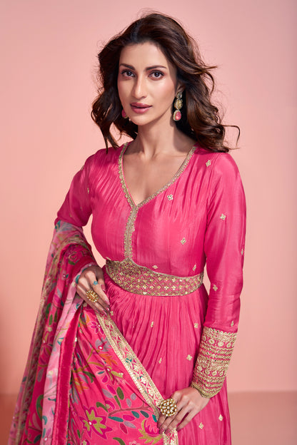 Beautiful Pink Chinon Silk Anarkali Gown with Dupatta for Events