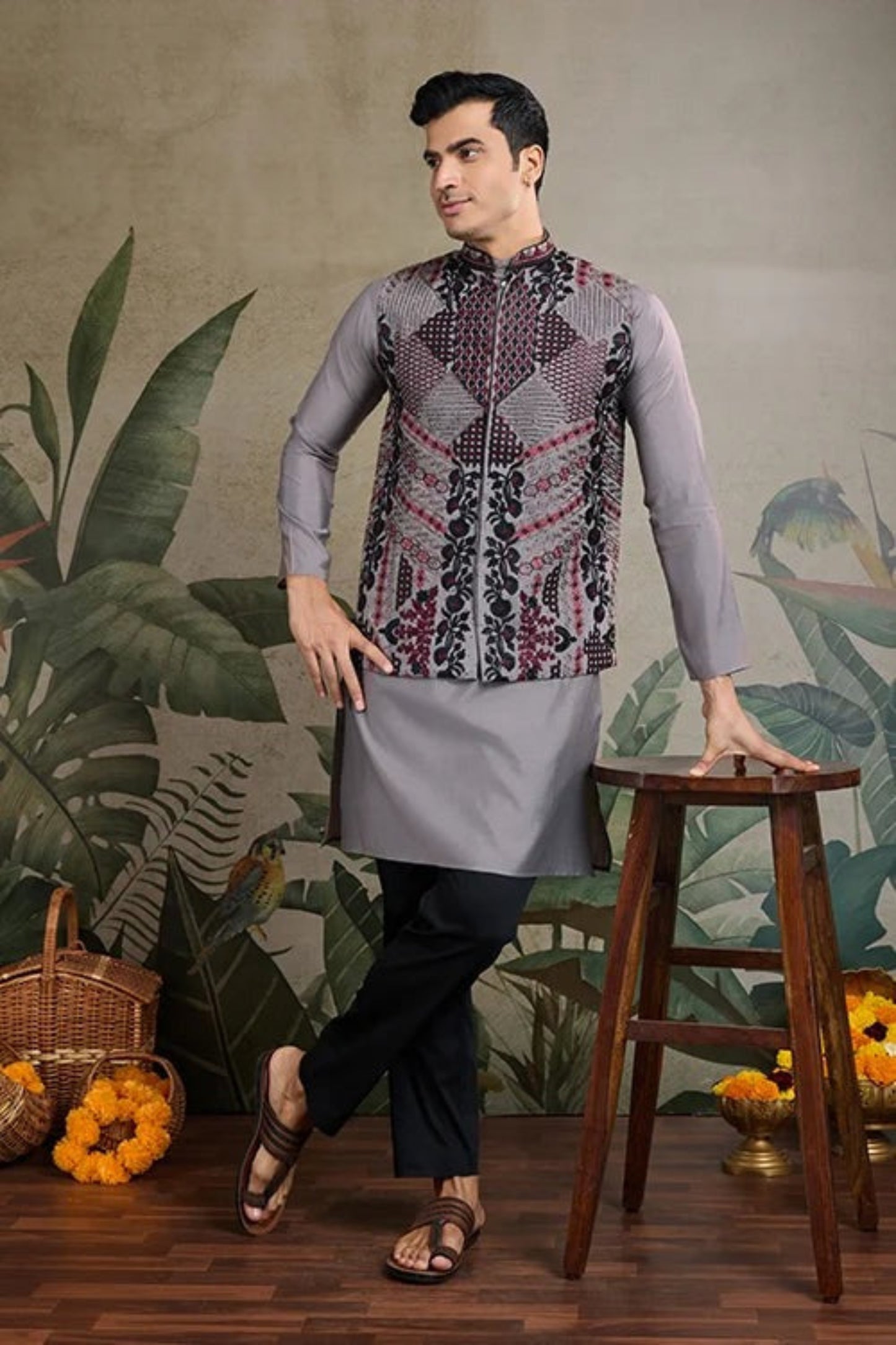 Premium Gray Color Viscose Silk Kurta Set For Man Real Mirror Work With Matching Pant