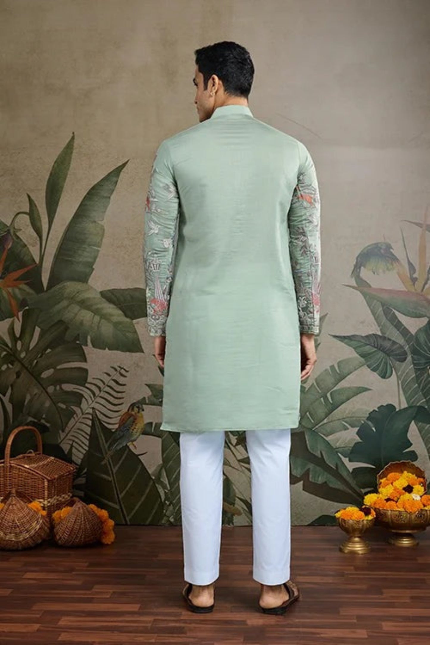Premium Pista Green Color Viscose Silk Kurta Set For Man Real Mirror Work With Matching Pant