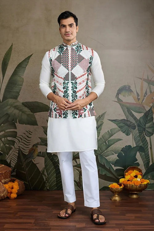 Latest White Color Viscose Silk Kurta Set For Men Real Mirror Work With Matching Pant