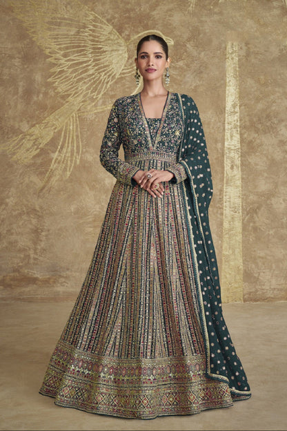 Green Anarkali Gown Wedding Wear Beautiful Women's Real Georgette Suit