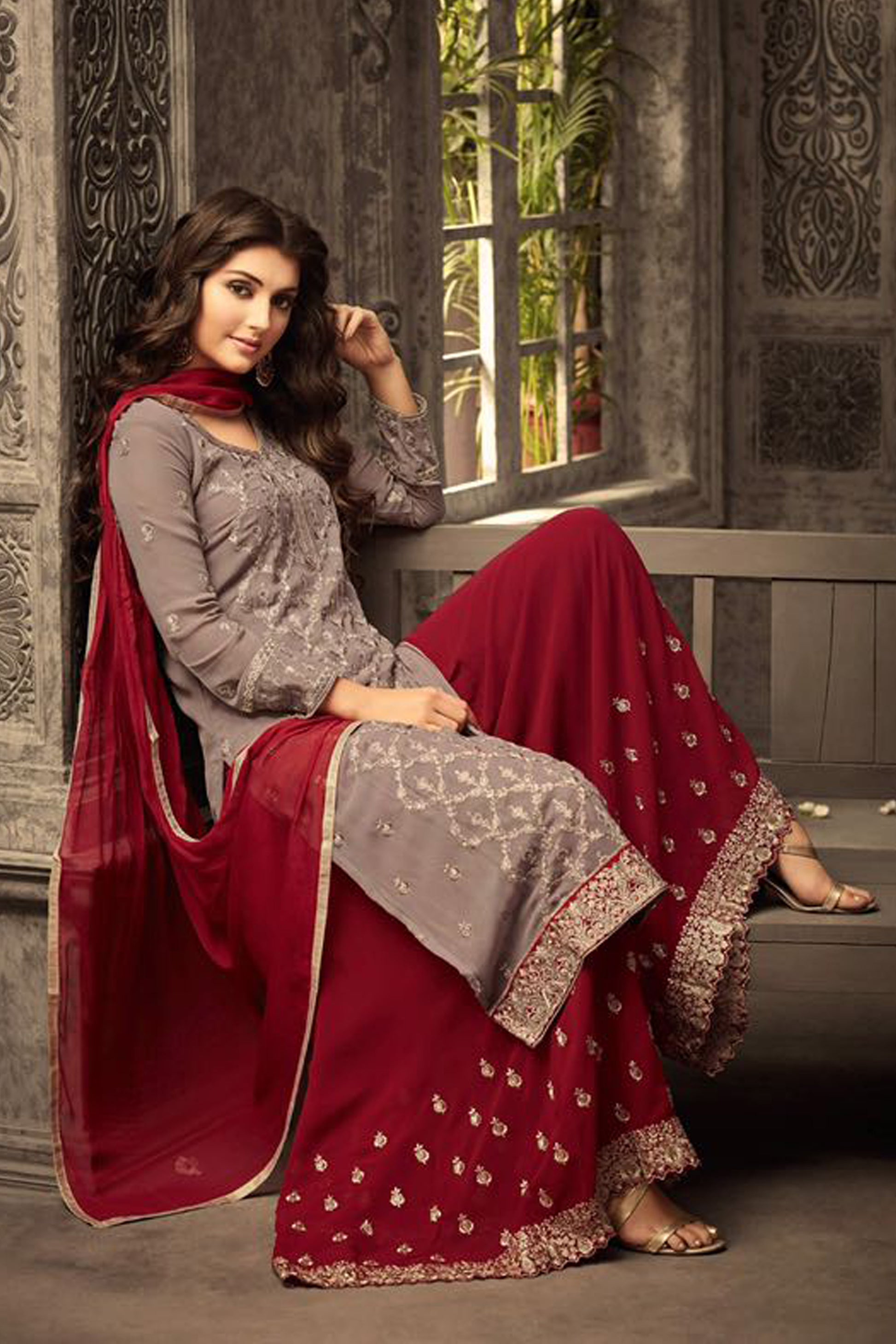 Brown Designer Santoon Wedding Party Palazzo Suit 