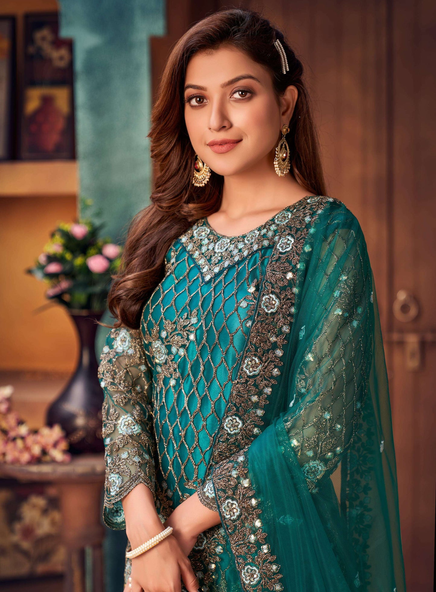 Teal Blue Elegant Style Embroidered Salwar Kameez Suit For Event Party Wear