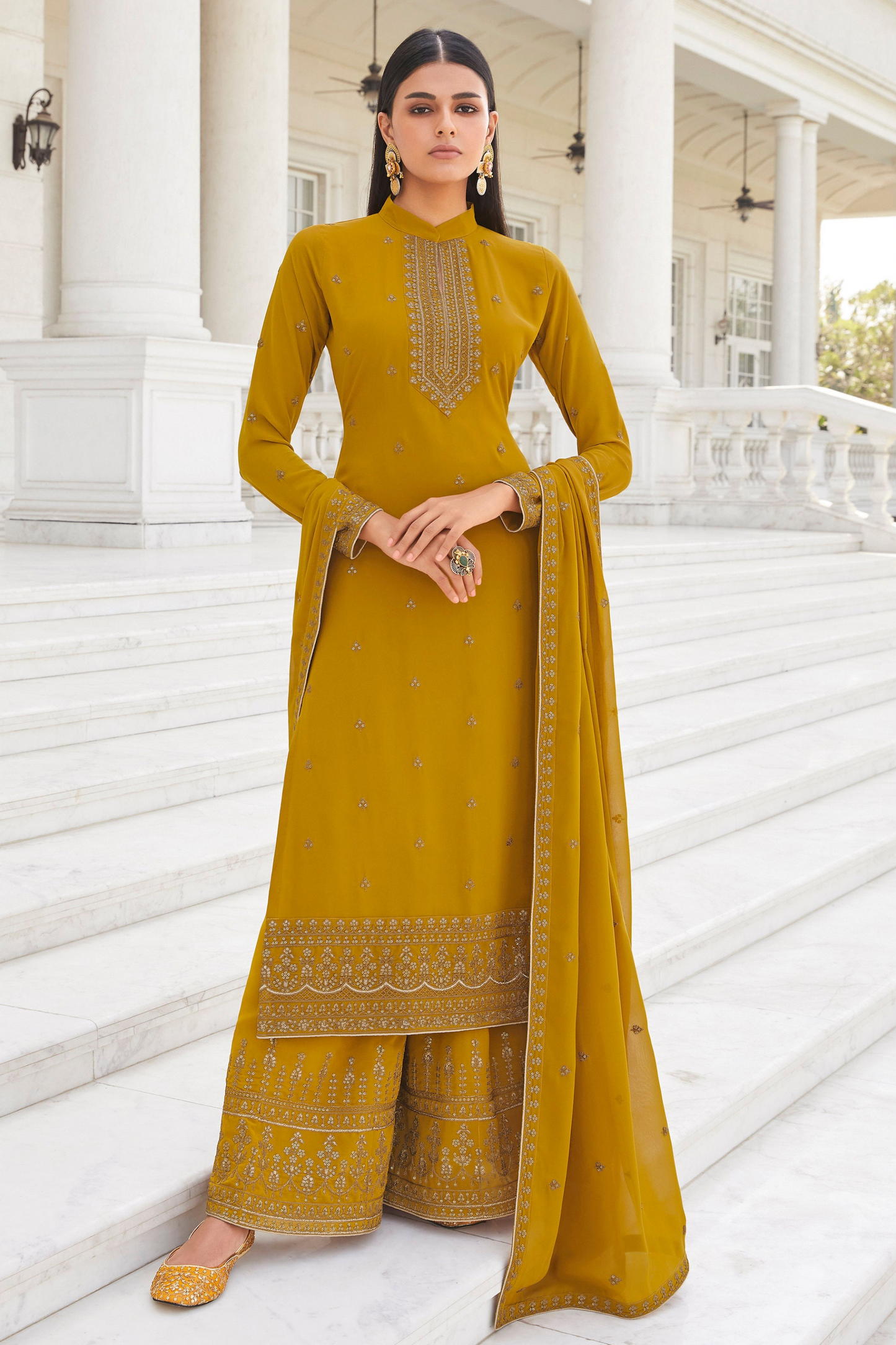 Yellow Salwar Kameez Palazzo Suit with Dupatta for Haldi Ceremony - Indian Wedding Outfit