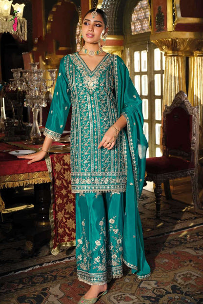Teal Embroidered Sharara Dress Set Wedding Salwar Kameez