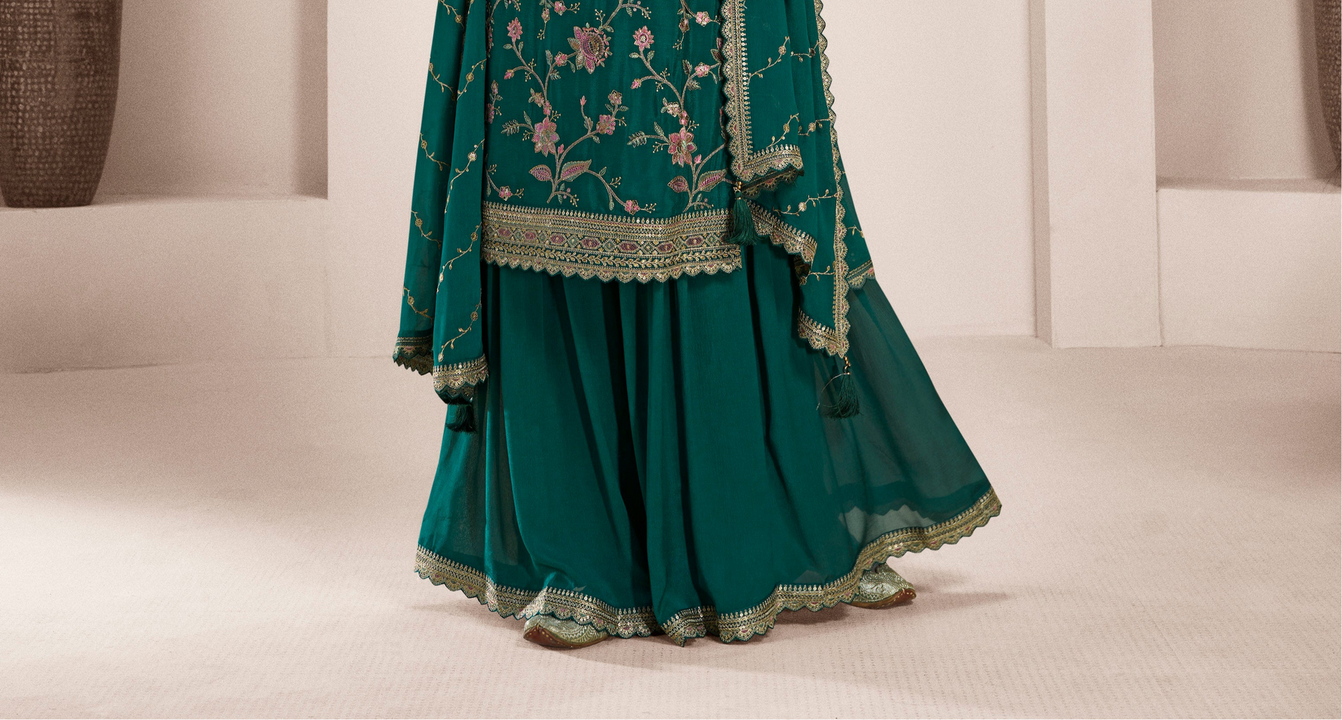 Teal Green Palazzo Salwar Kameez - Designer Eid Outfit With Embroidery Work