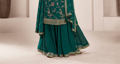 Teal Green Palazzo Salwar Kameez - Designer Eid Outfit With Embroidery Work