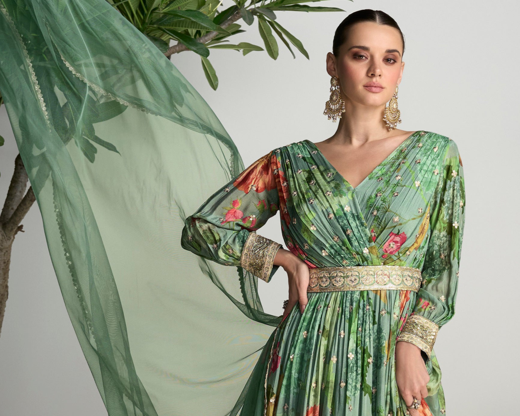 Stylish Stitched Long Chinon Silk Green Anarkali Dress With Dupatta For Party Wear 