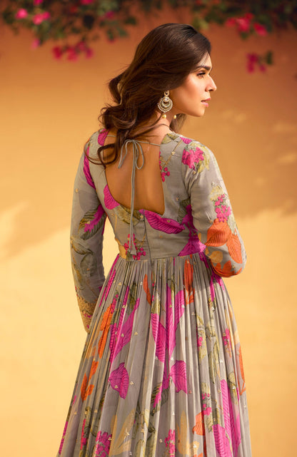 Latest Grey Beautiful Anarkali Grey Gown Suits With Chinon Silk Dupatta For USA