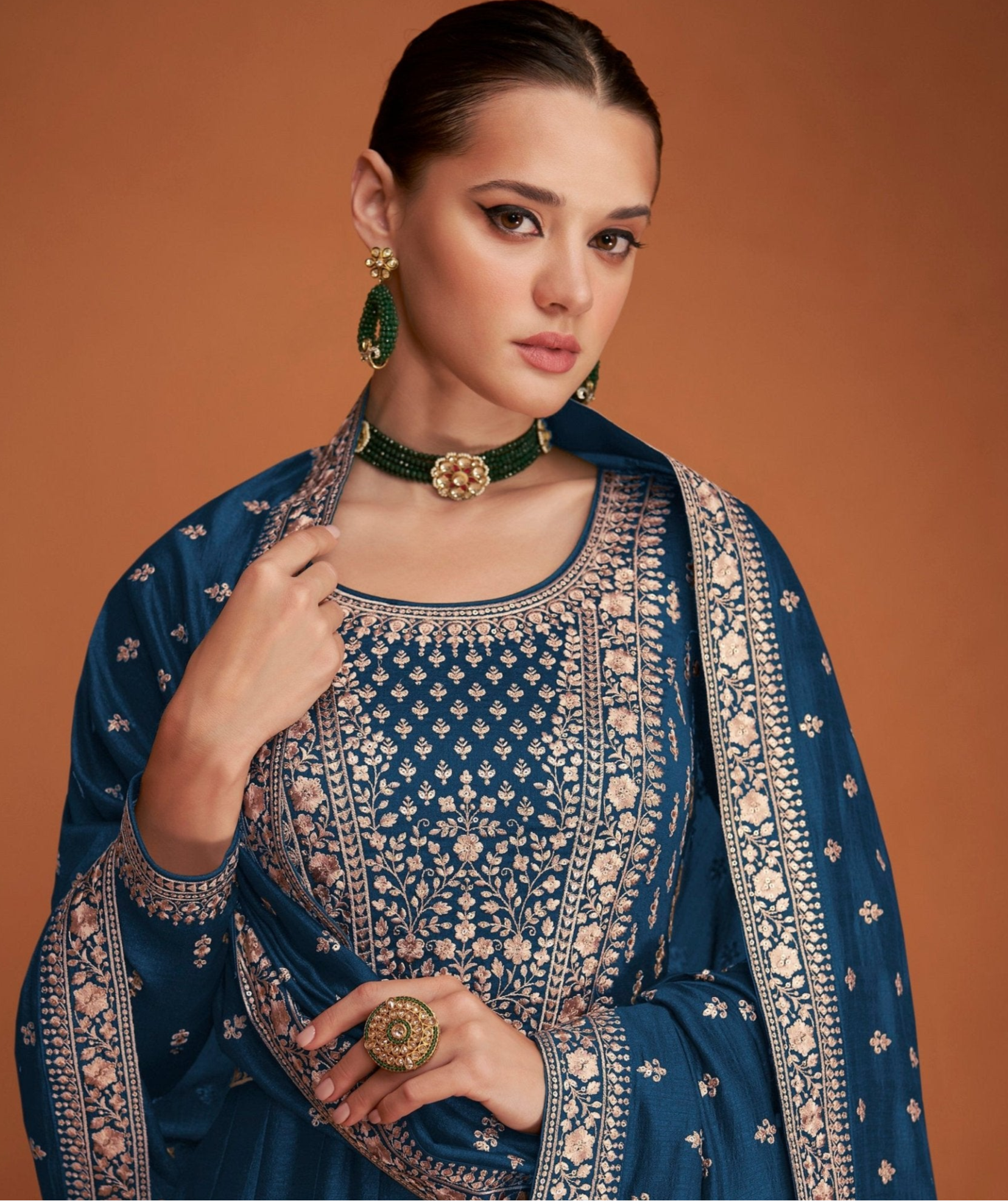 Premium Indian Silk Embroidered Blue Anarkali Gown Suits for Reception 