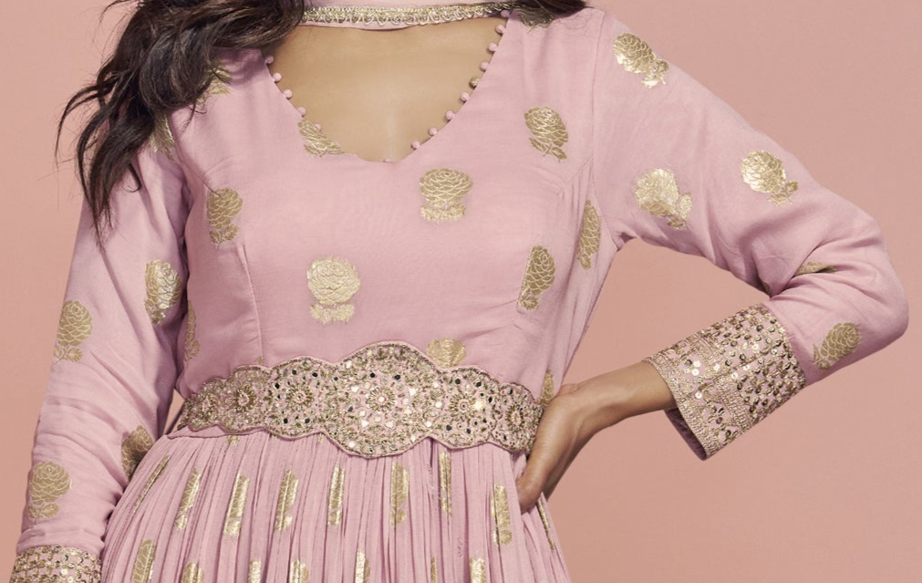 Wedding Party Wear Pink Anarkali Gown Suits With Viscos Jacquard Silk, Silk Dupatta Suits 