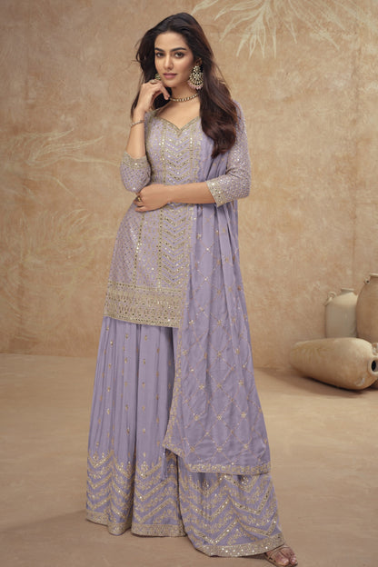 Lavender Pakistani Designer Shalwar Kameez Palazzo Suit For Eid - Ready To Wear Embroidered Outfit US